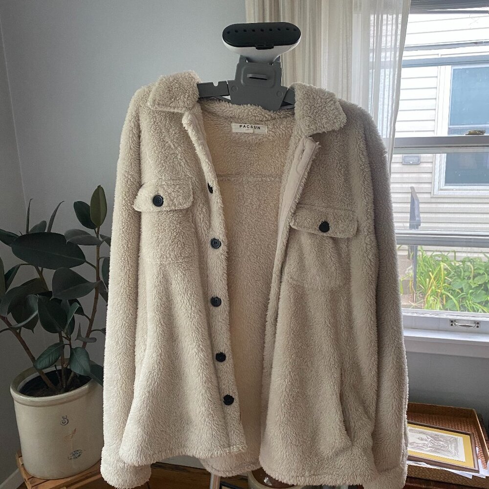 mens pacsun faux fur white button up long sleeve Size Medium